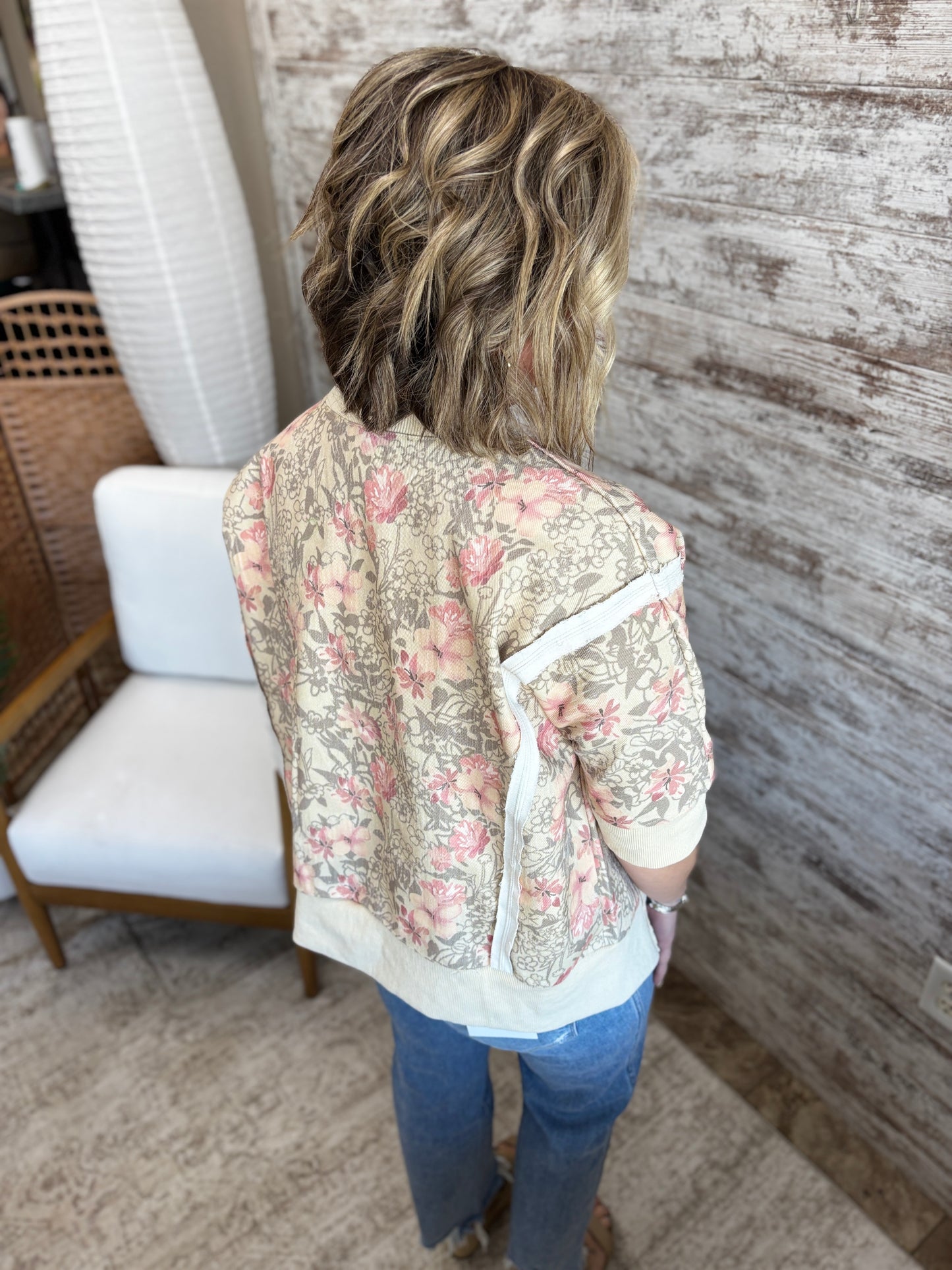 Oatmeal Floral Twill Short Sleeve Top