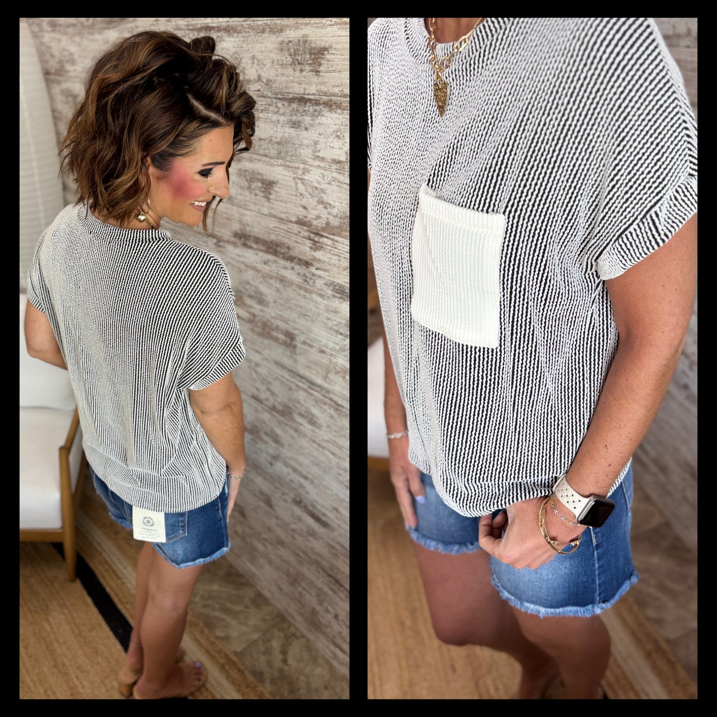 Off White Ribbed Top with Pocket