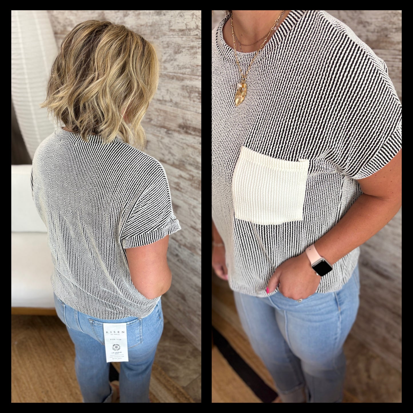 Off White Ribbed Top with Pocket