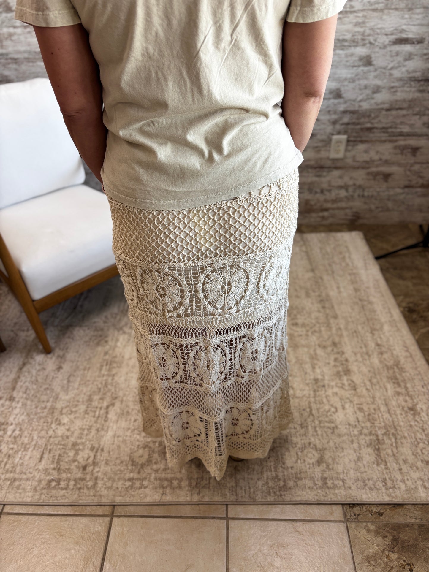 Natural Crochet Knit Maxi Skirt with Lining