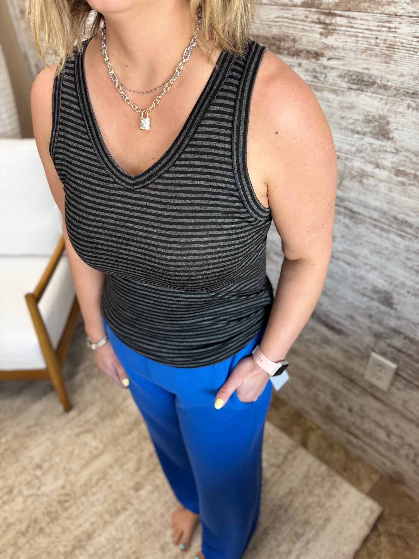 Charcoal Striped V Neck Tank
