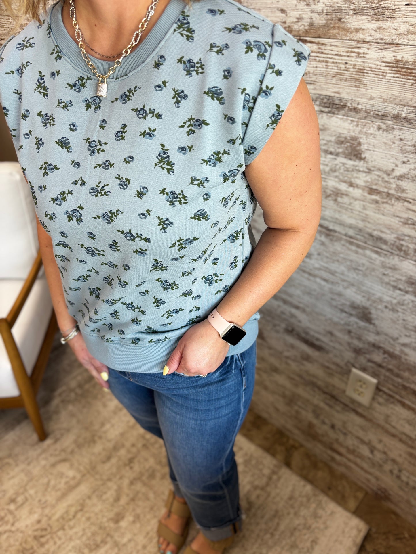 Blue Floral Terry Short Sleeve Crew