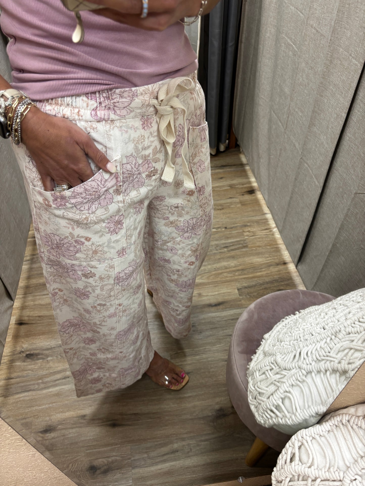 Blush Pink Floral Cotton Twill Elasticized Waist Wide Pants *Restocked*