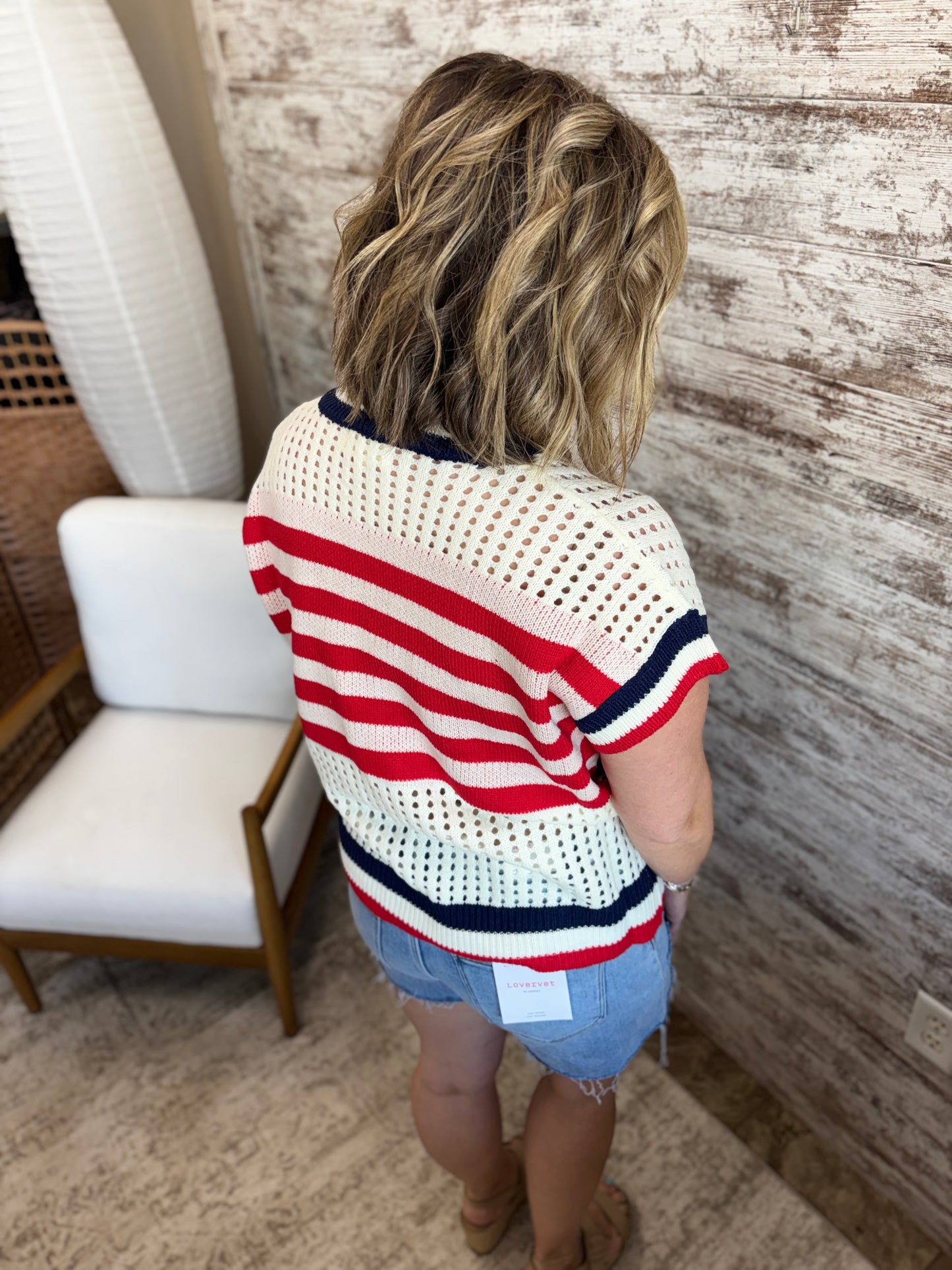 Open Knit Star and Strip Short Sleeve Sweater