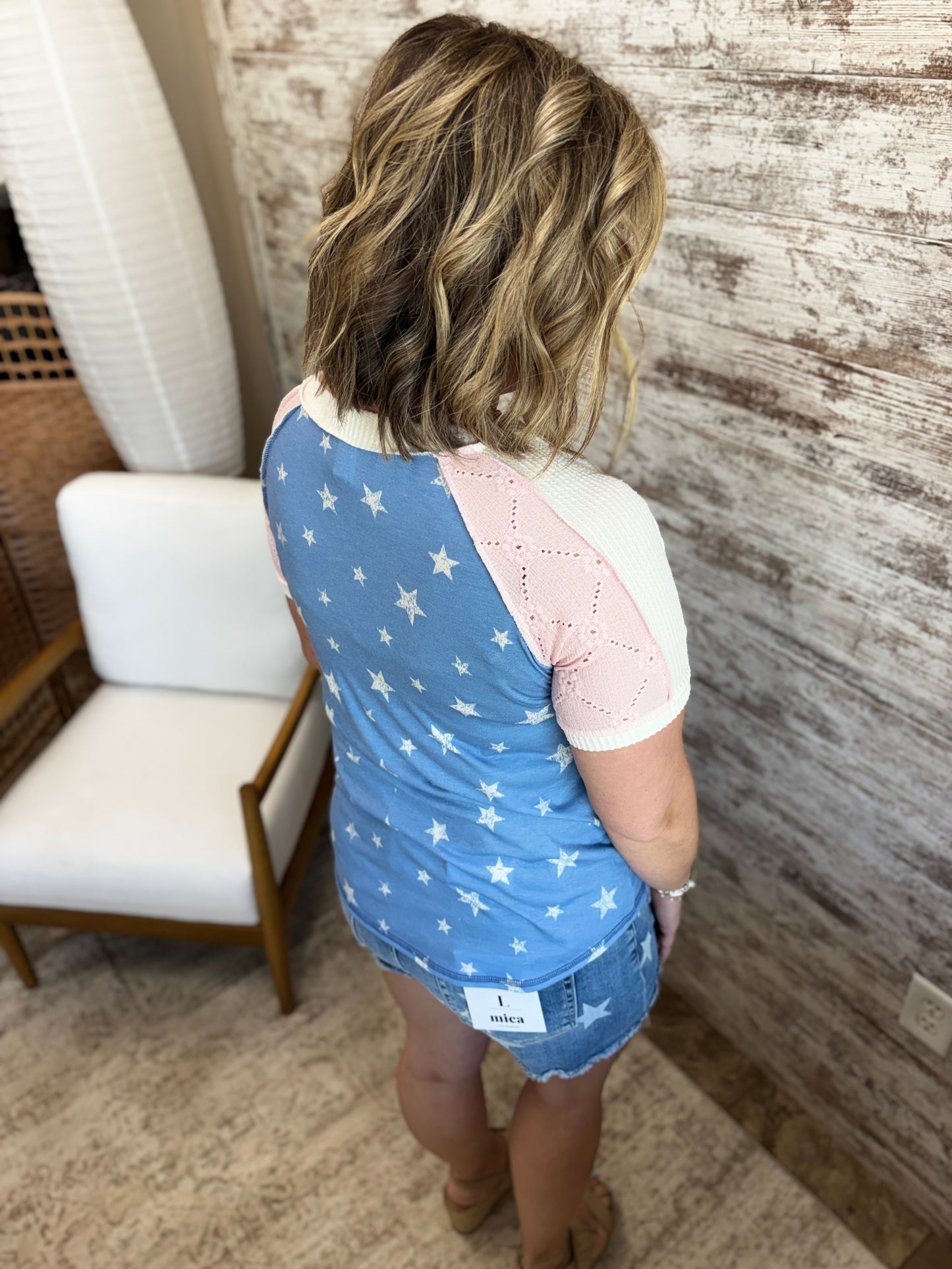 Blue and White Star Print Color Block Tee