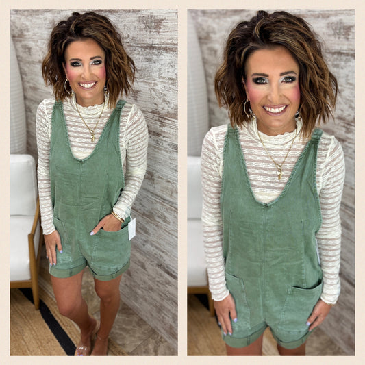Olive Washed Denim Romper **Restocking**