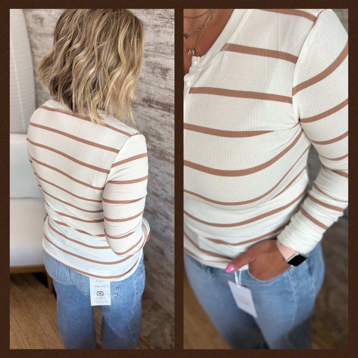 Caramel Stripe Long Sleeve Henley