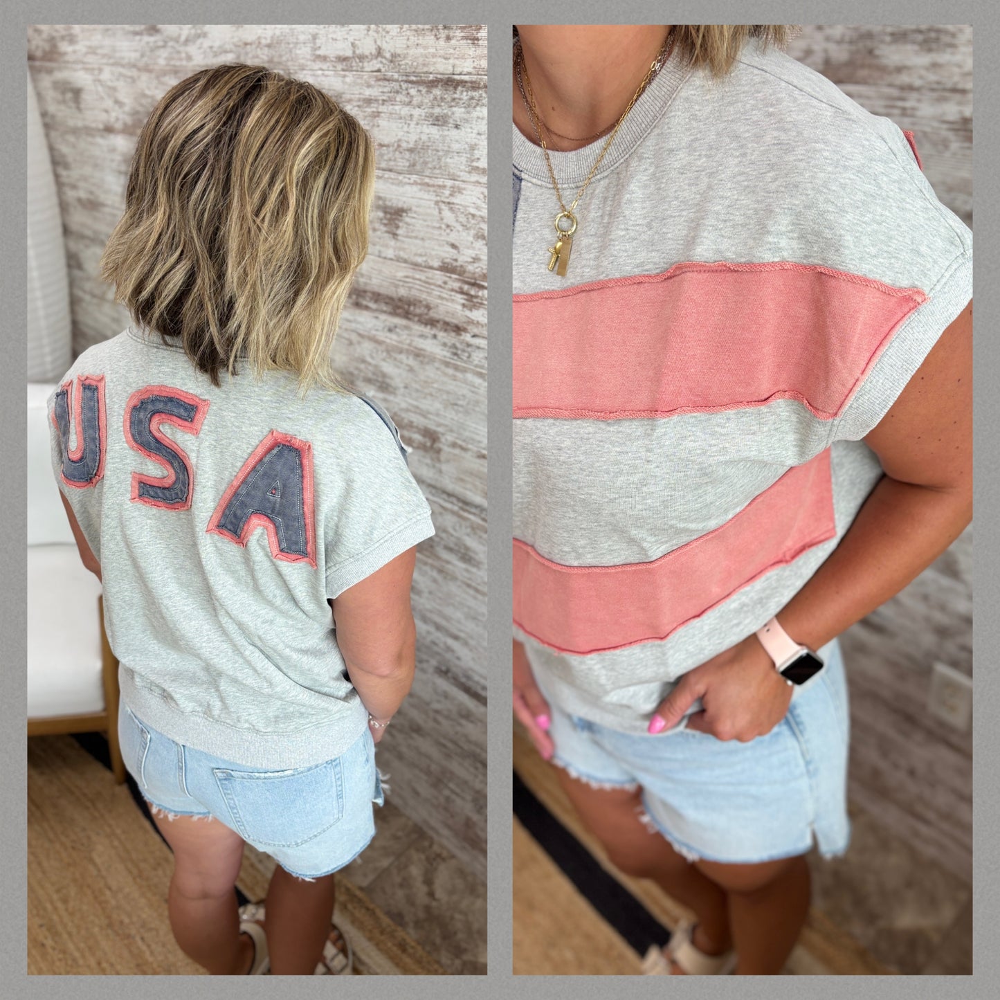 USA Flag Patchwork Short Sleeve Crew ~ 2 Colors