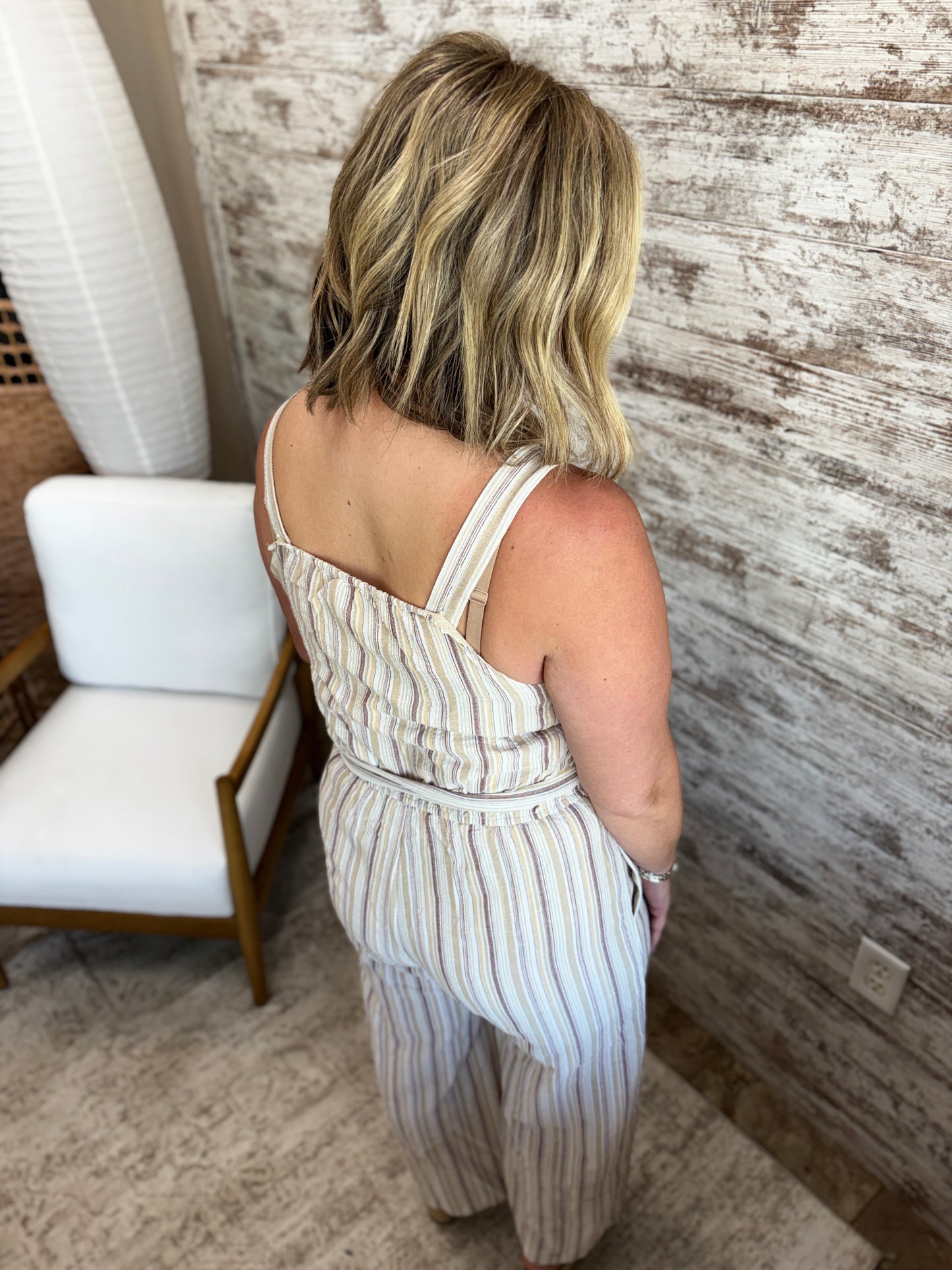 Taupe Striped Jumpsuit with Belt