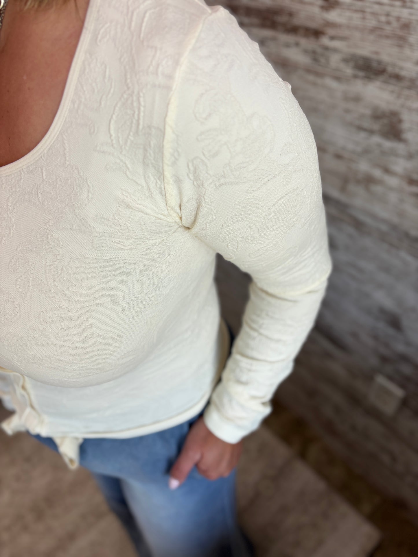 Off White Snap Button Floral Jacquard Top