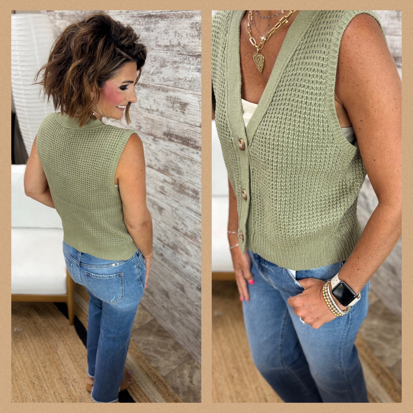 Sage Chunky Waffle Knit Sweater Vest