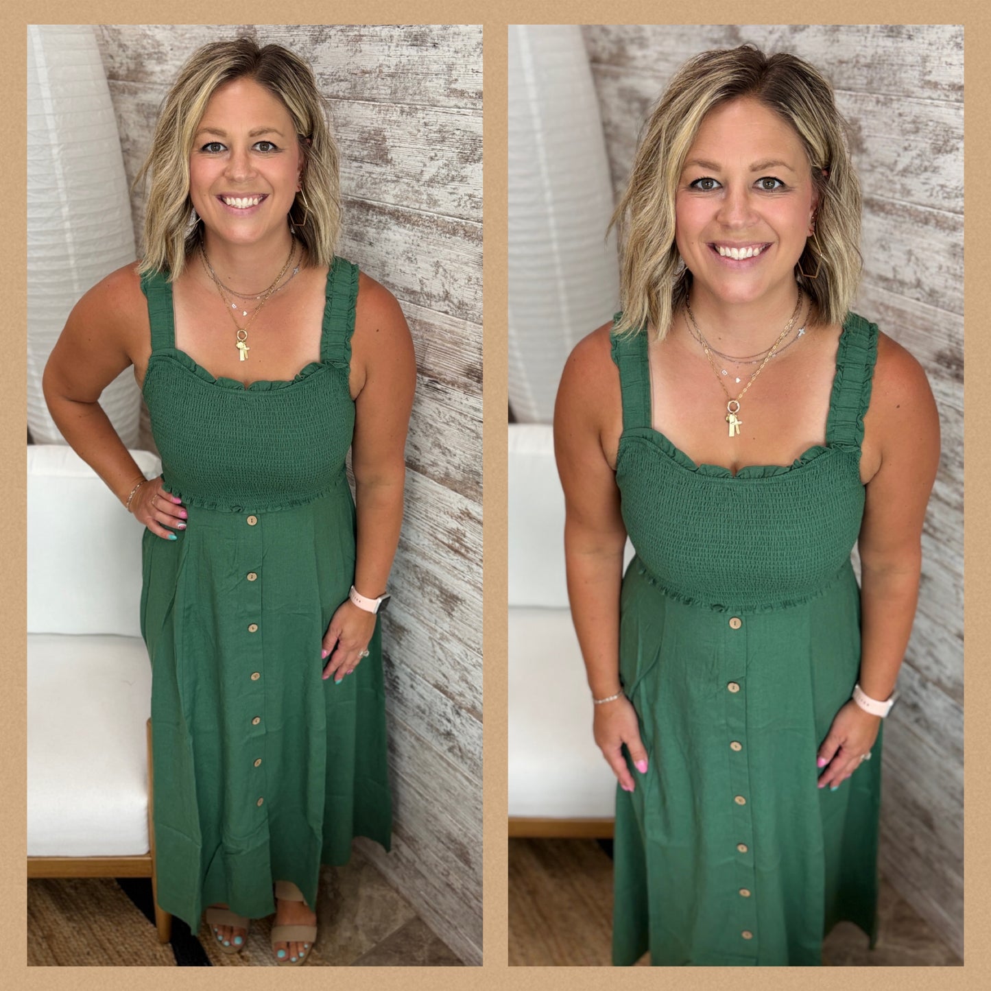 Moss Green Smock Dress With Buttons