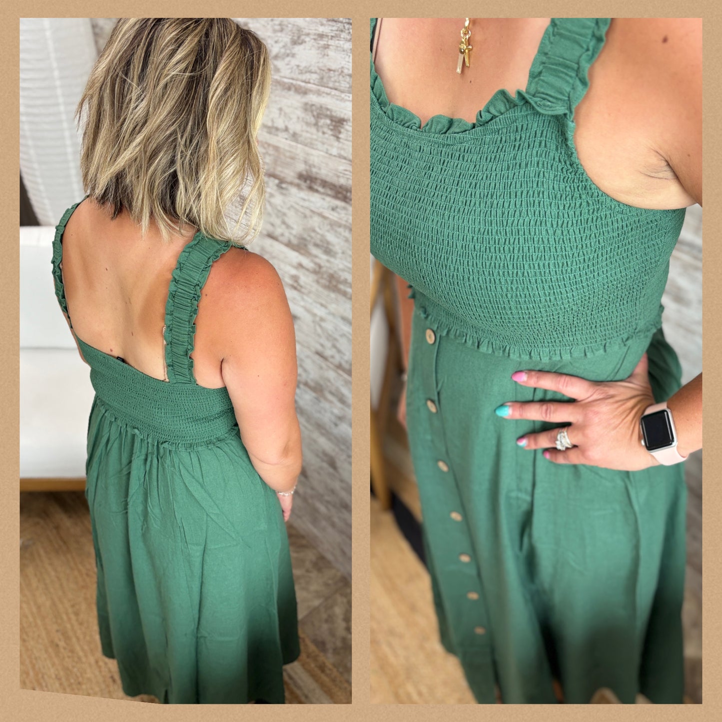 Moss Green Smock Dress With Buttons