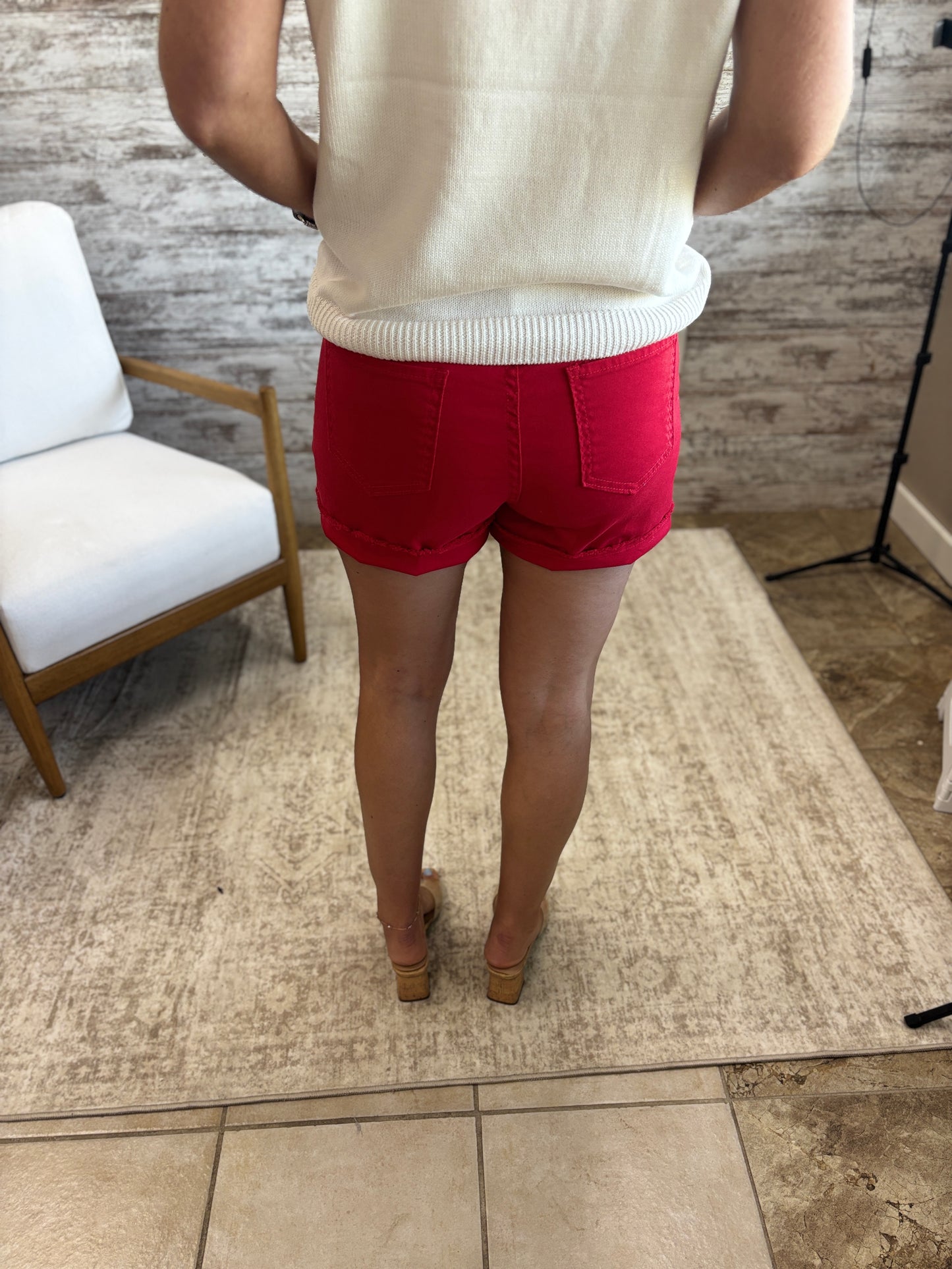 Red 4th of July Shorts with Frayed Hem