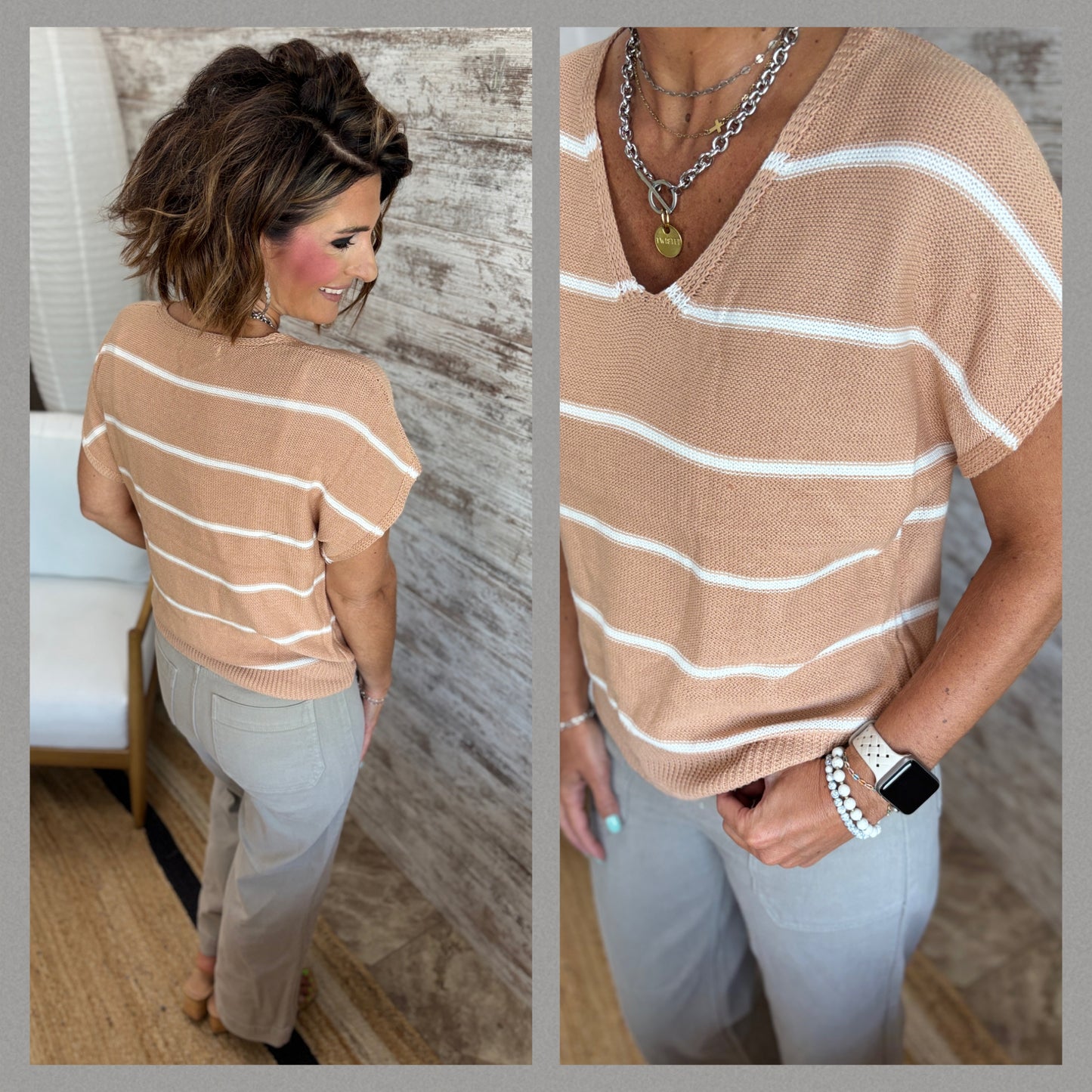 Camel V Neck Striped Short Sleeve Sweater