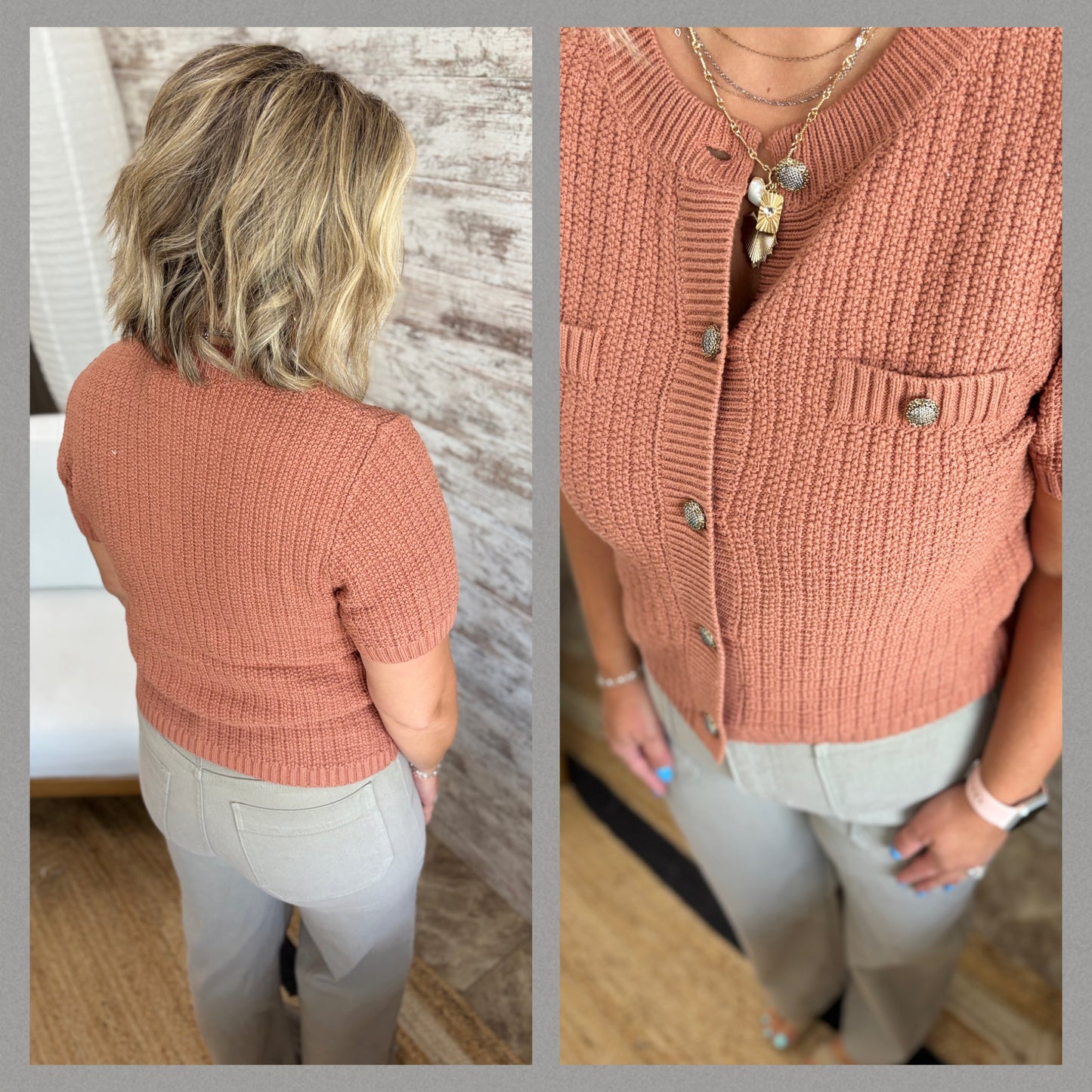 Terracotta Short Sleeve Button Down Sweater