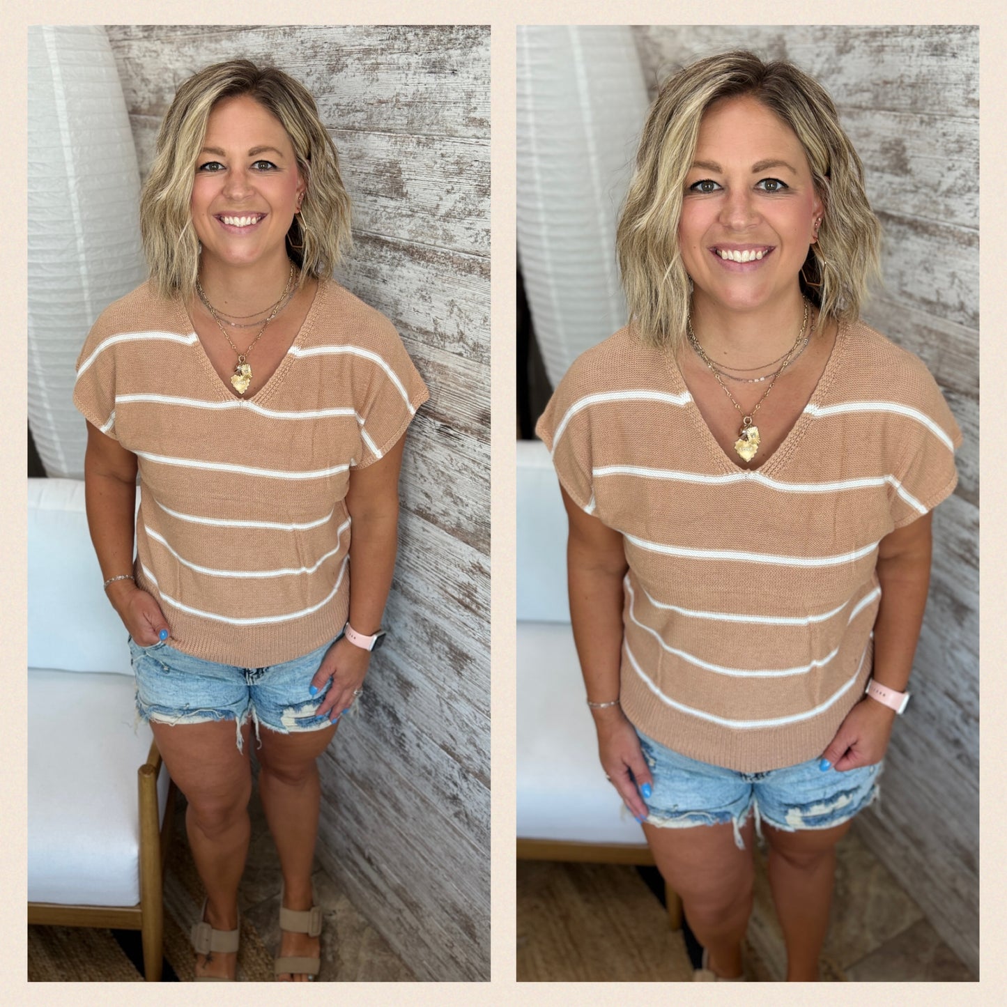 Camel V Neck Striped Short Sleeve Sweater