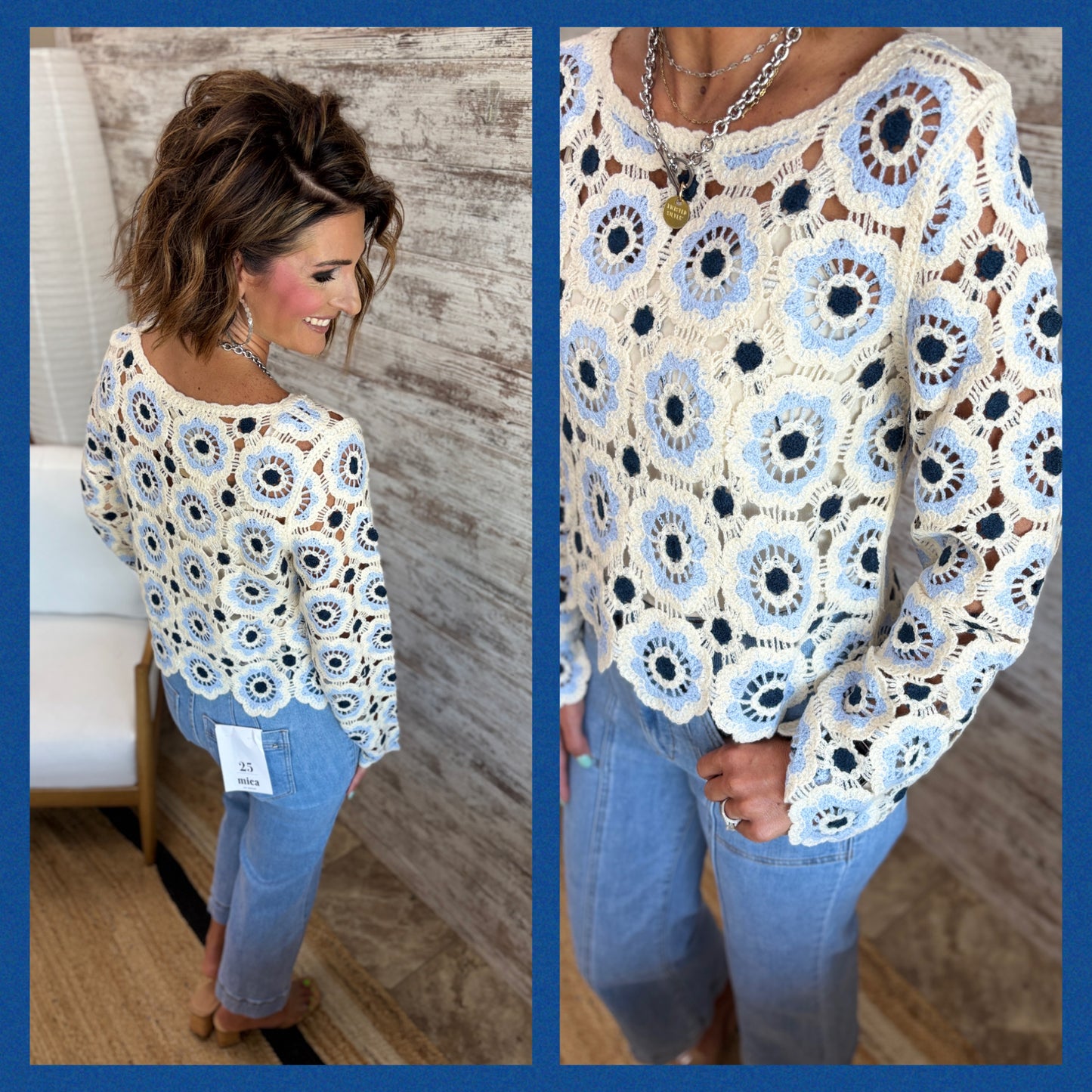 Ivory and Navy Crochet Knit Top