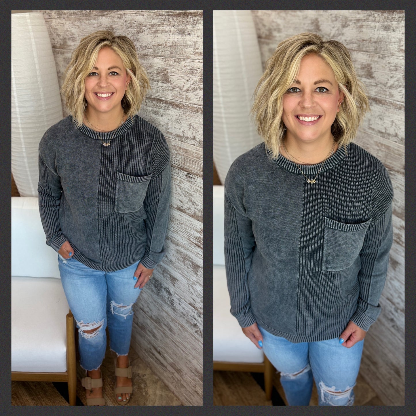Gun Metal Textured Sweater with Pocket