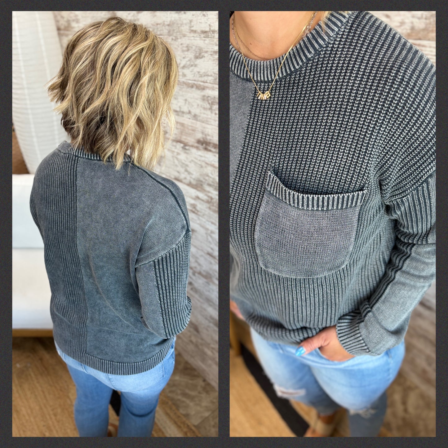 Gun Metal Textured Sweater with Pocket