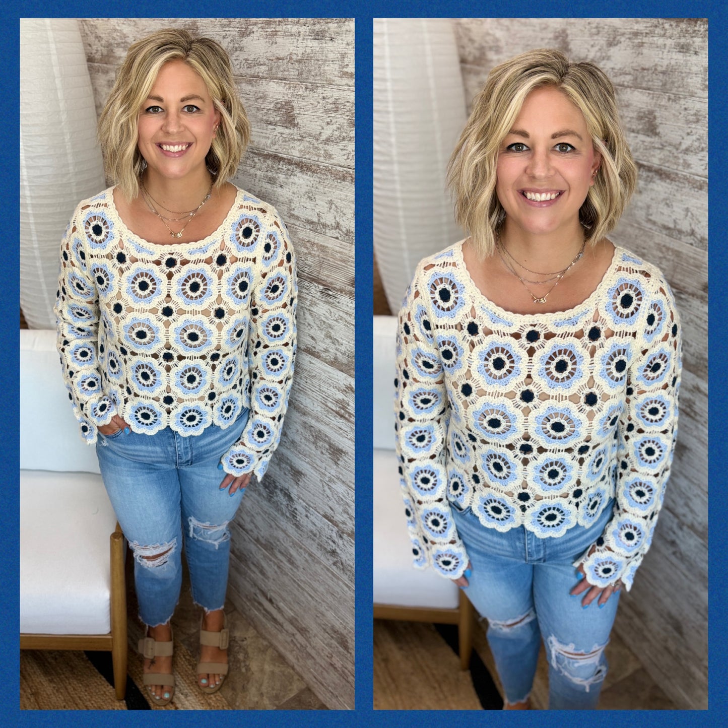 Ivory and Navy Crochet Knit Top