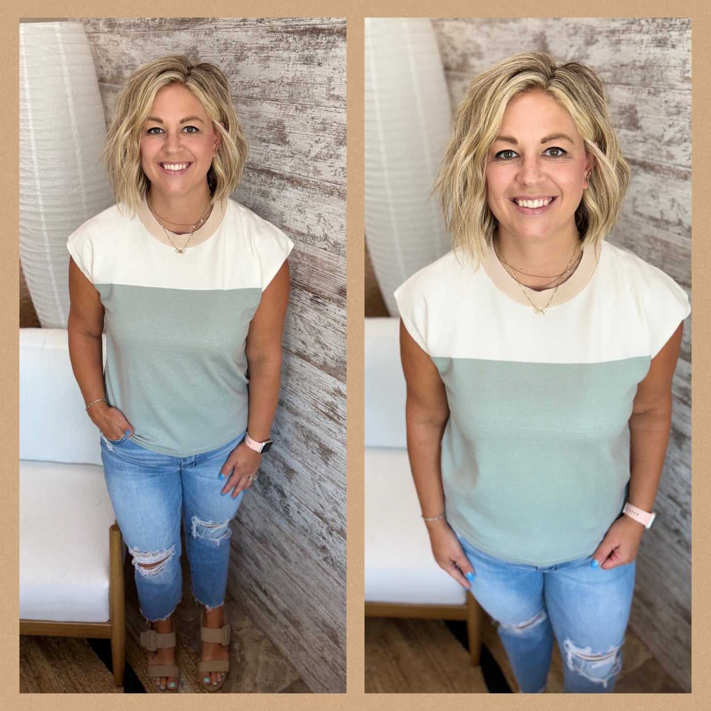 Lt Sage Color Trimmed Short Sleeve Top
