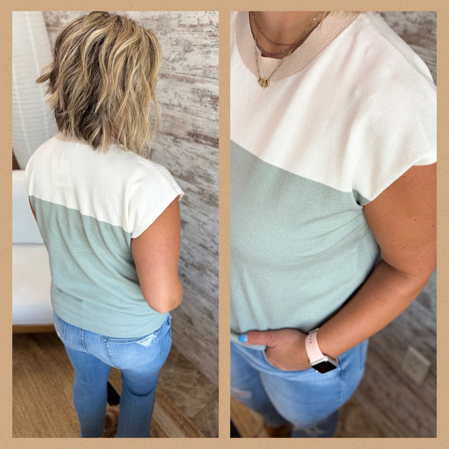 Lt Sage Color Trimmed Short Sleeve Top