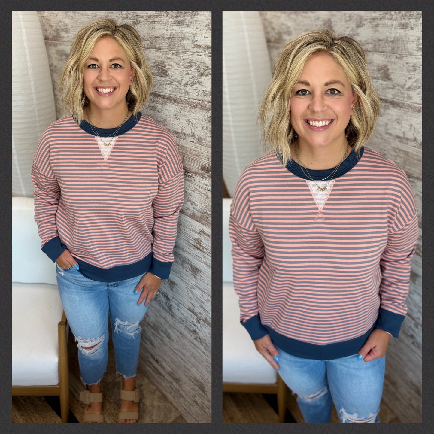 Color Trim Pinstripe Crew Neck ~ 2 colors