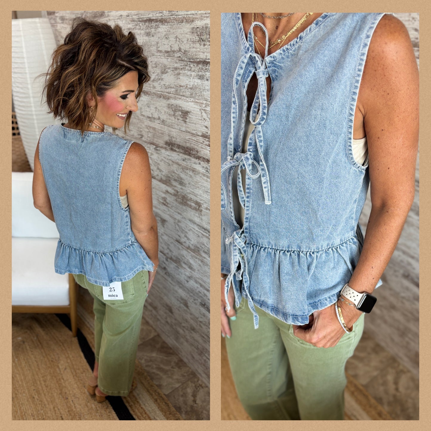 Vervet Tie Front Sleeveless Denim Top