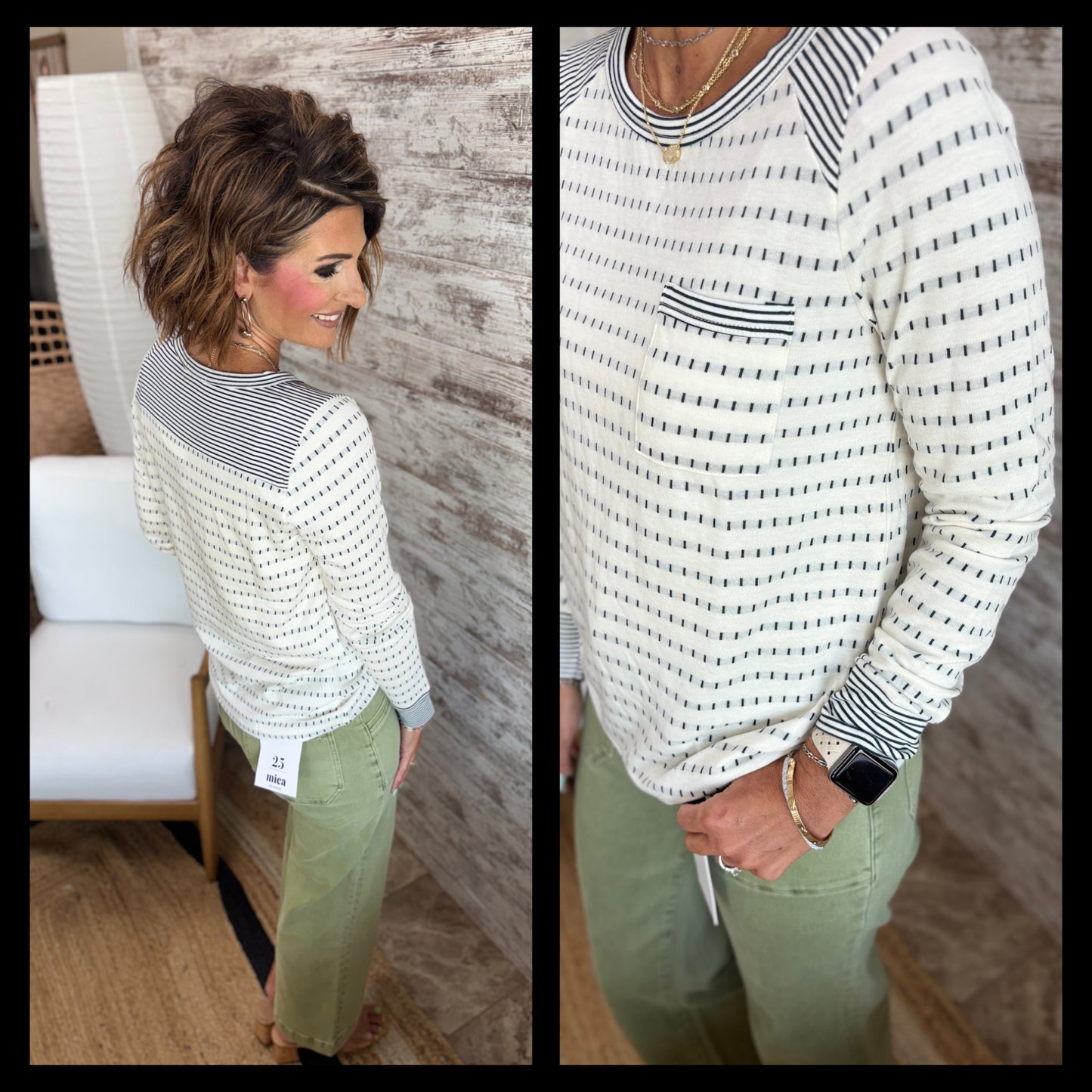 Ivory/Green Striped and Dotted Crew Neck Top
