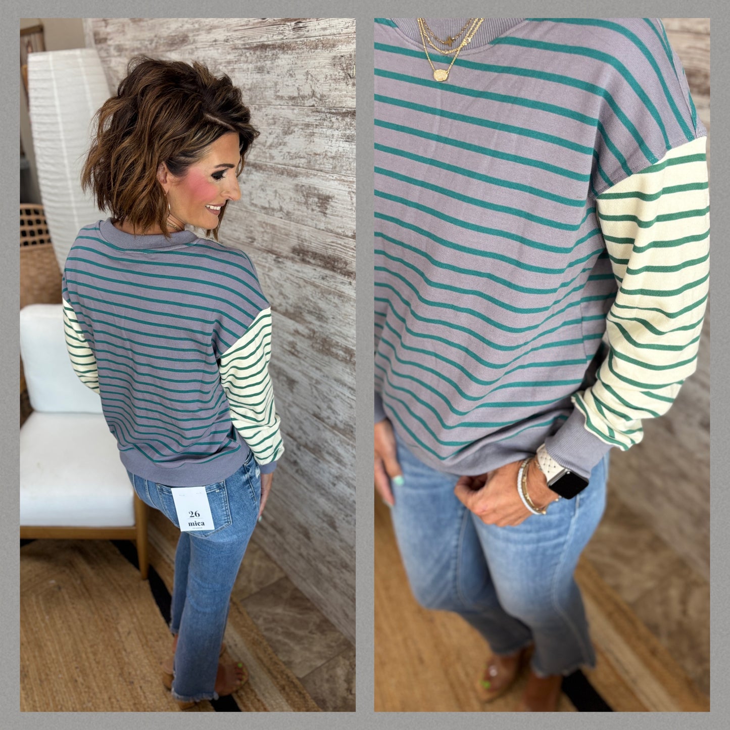 Grey Stripe French Terry Crew