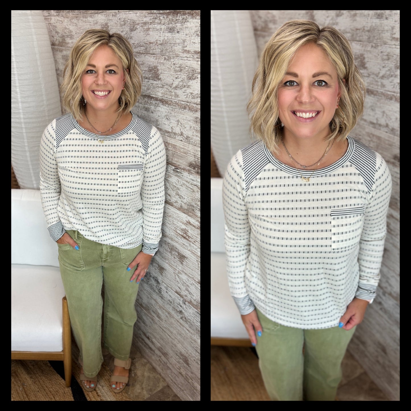 Ivory/Green Striped and Dotted Crew Neck Top