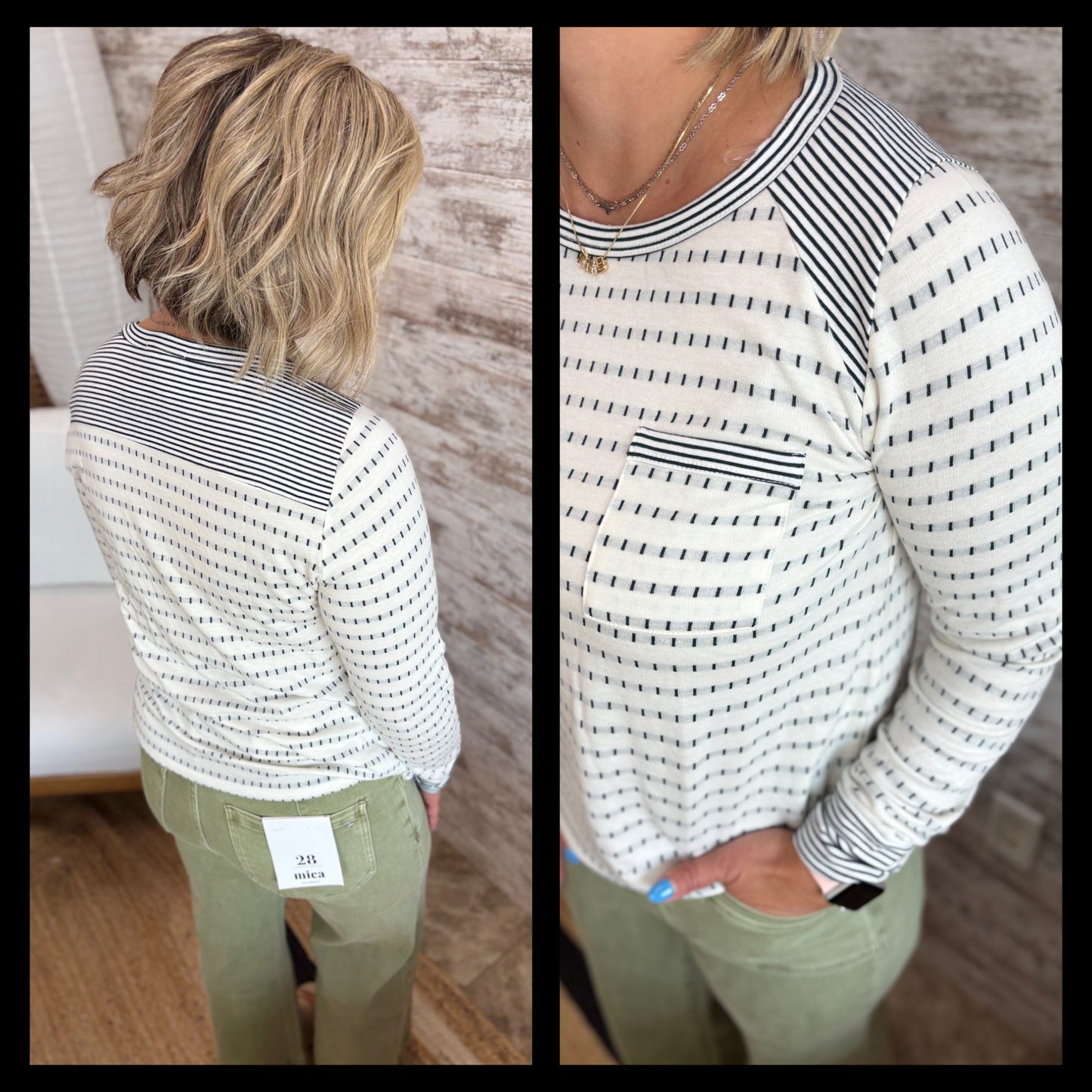 Ivory/Green Striped and Dotted Crew Neck Top