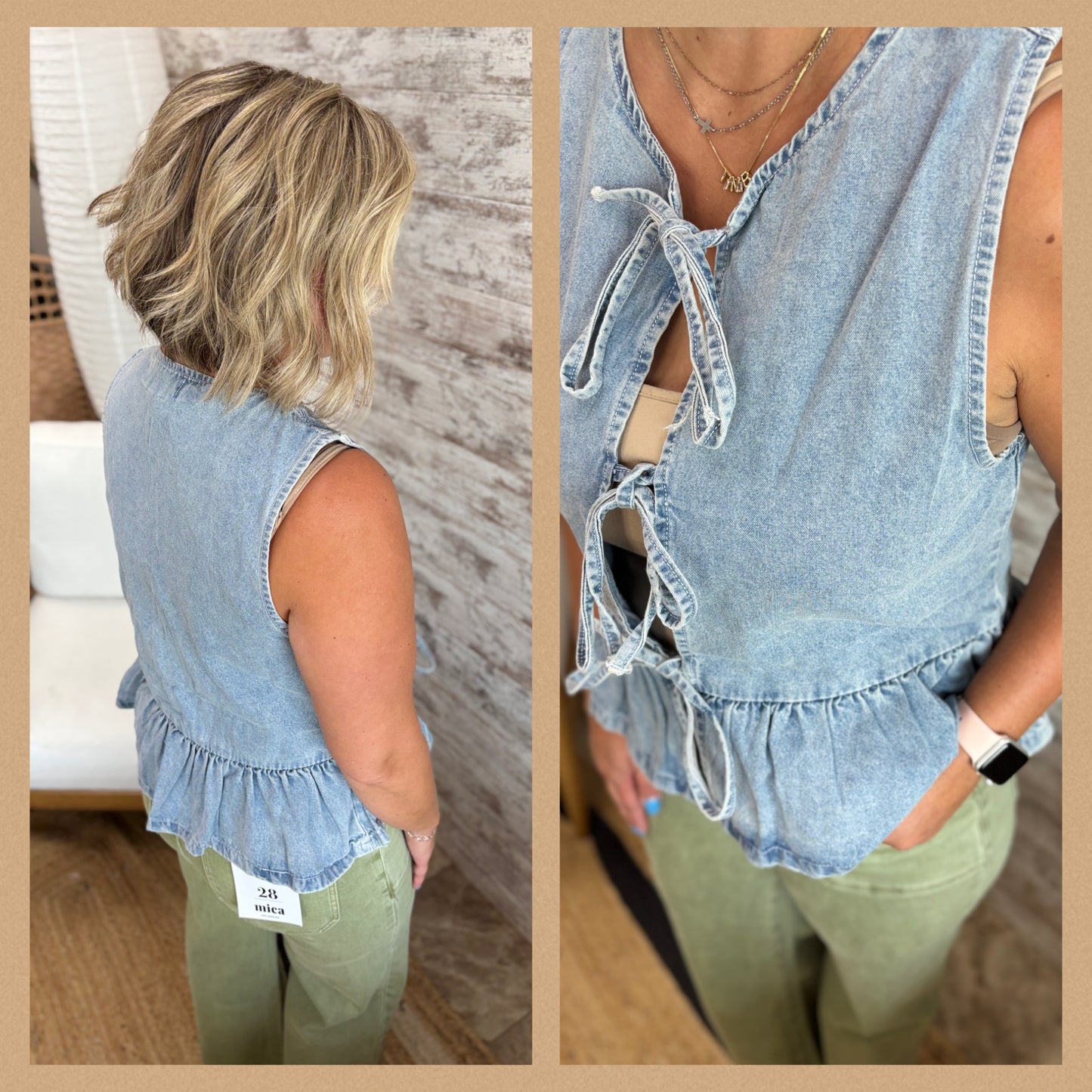 Vervet Tie Front Sleeveless Denim Top