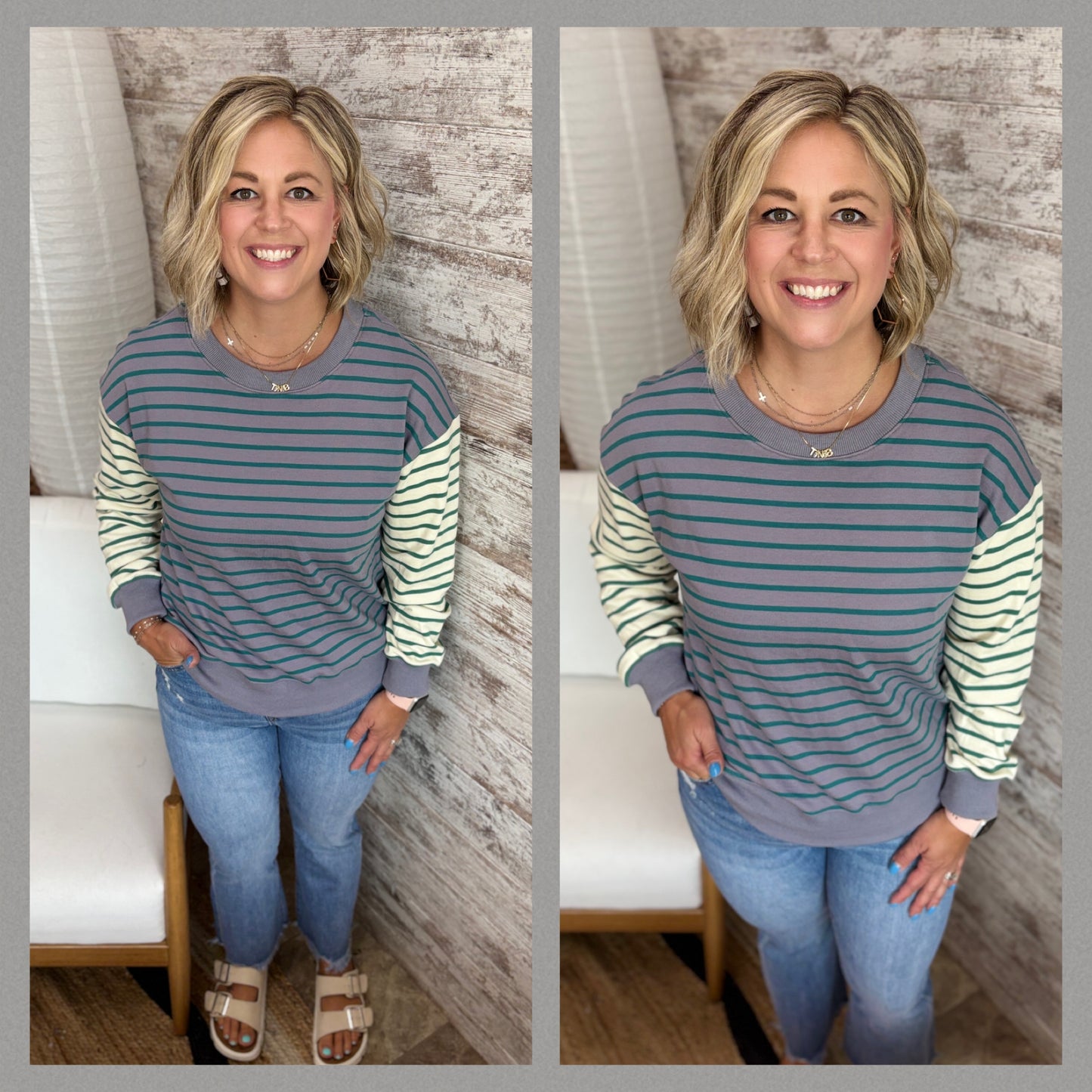 Grey Stripe French Terry Crew