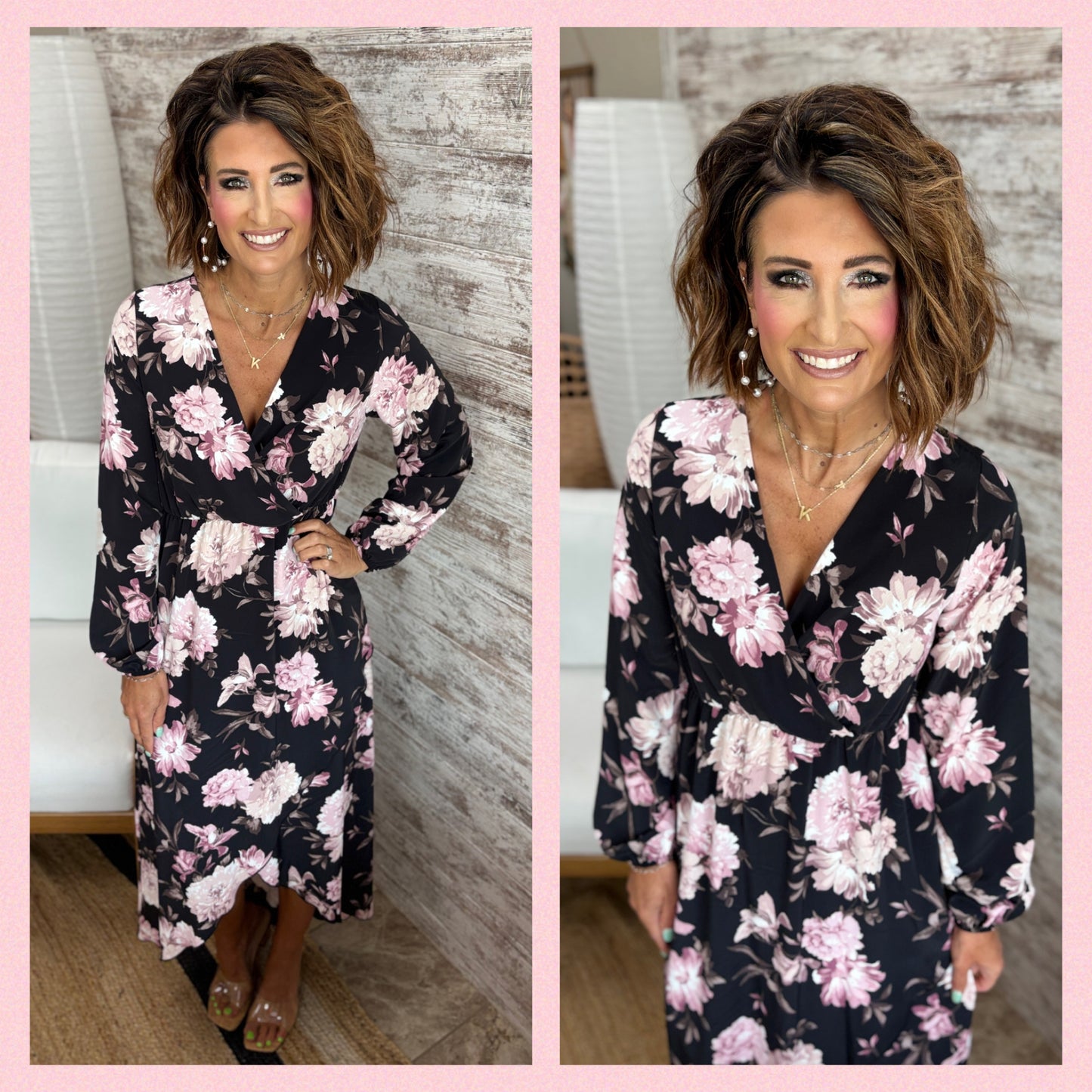 Black/Mauve Floral Print Dress with Overlap Detail