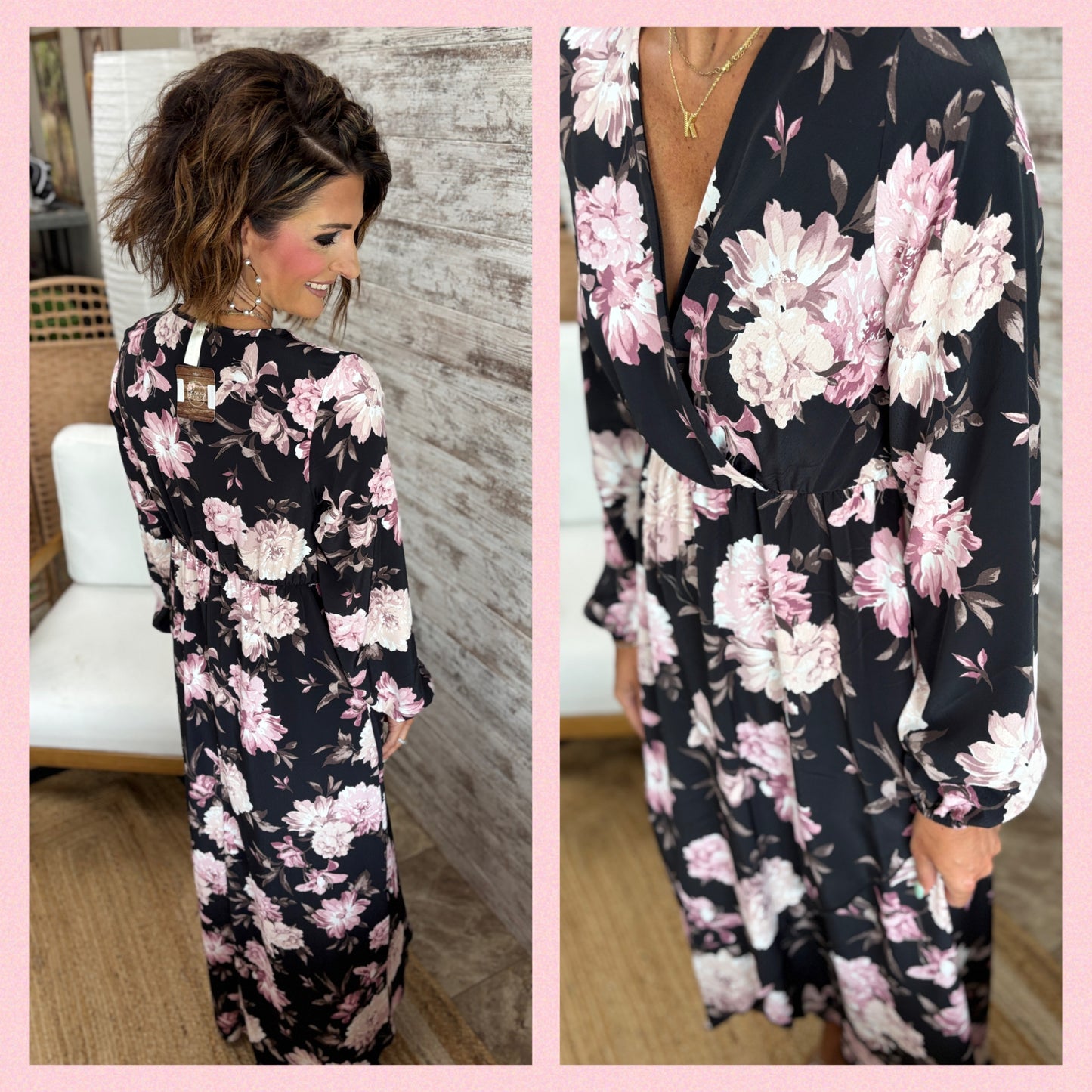 Black/Mauve Floral Print Dress with Overlap Detail