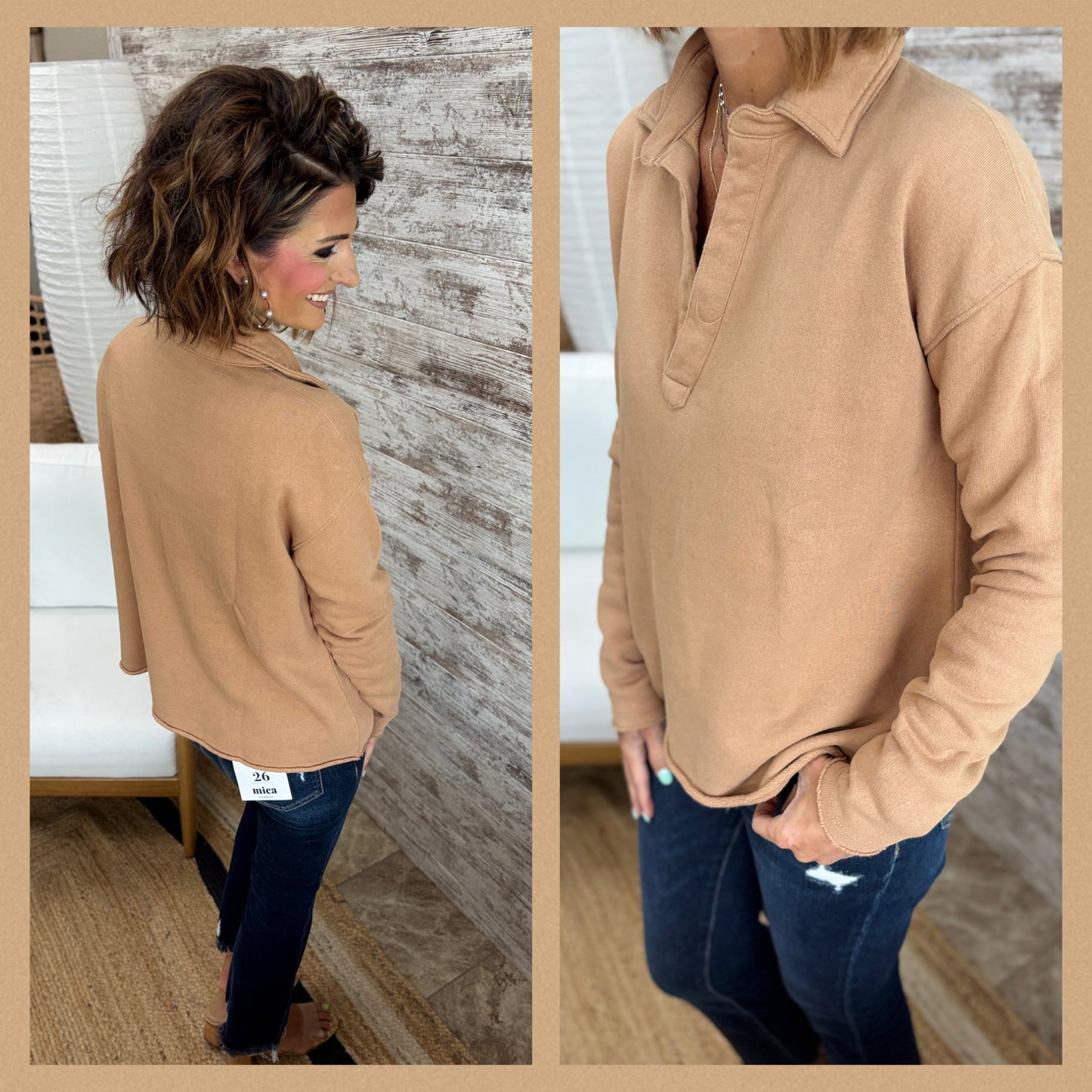 Mocha Raw Edge Henley Top
