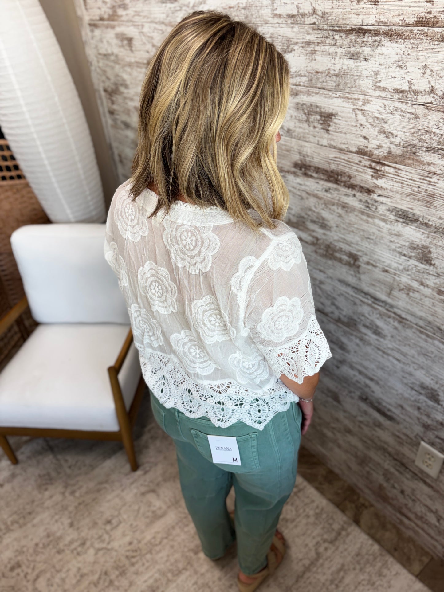 White Crochet Trim Button Down Top