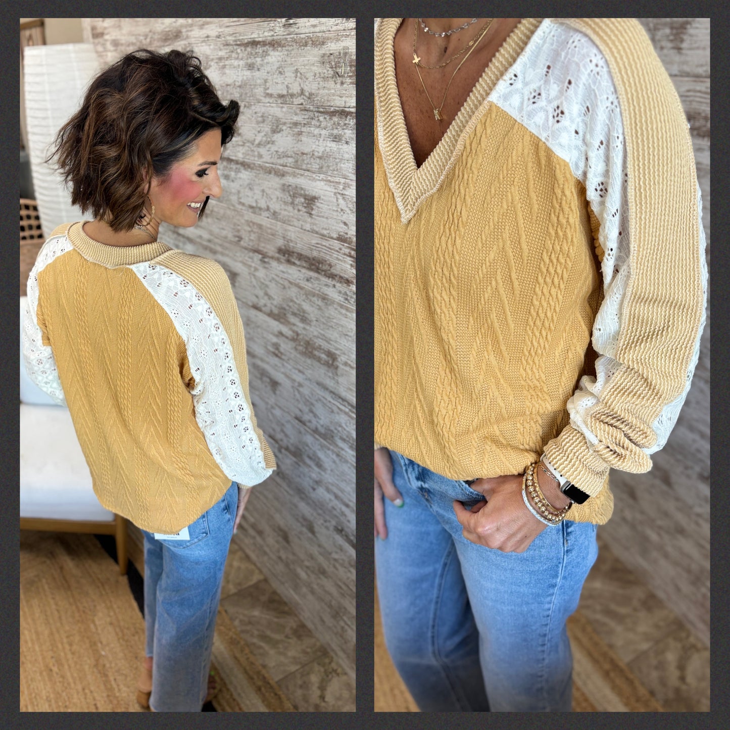 Cable Knit/Lace V Neck Top ~ 4 Colors