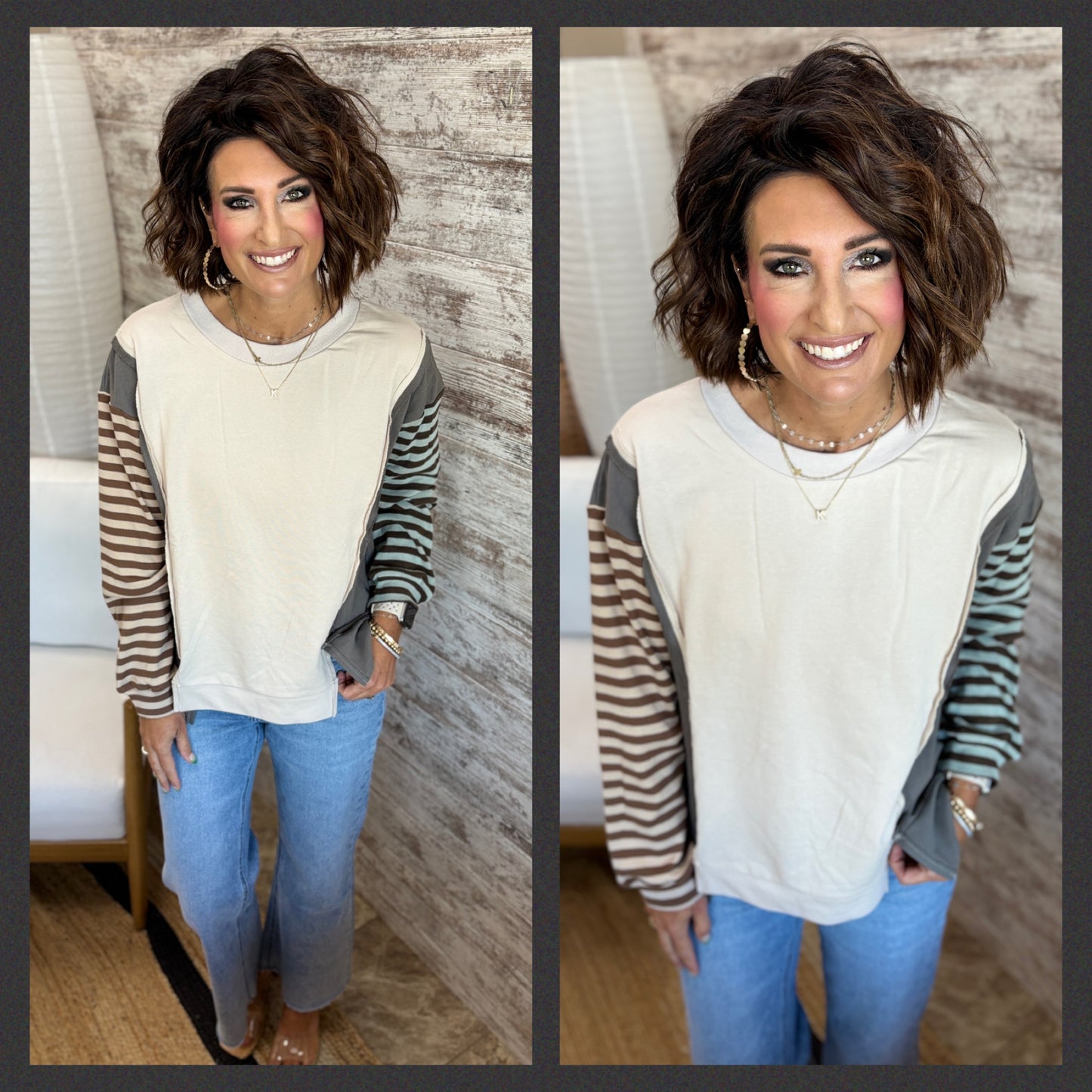Ecru/Olive Mix Stripe Dolman Sleeve Top