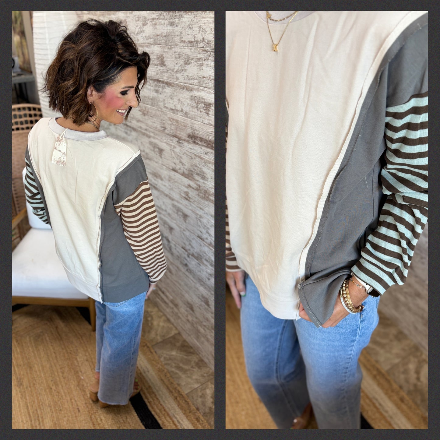 Ecru/Olive Mix Stripe Dolman Sleeve Top