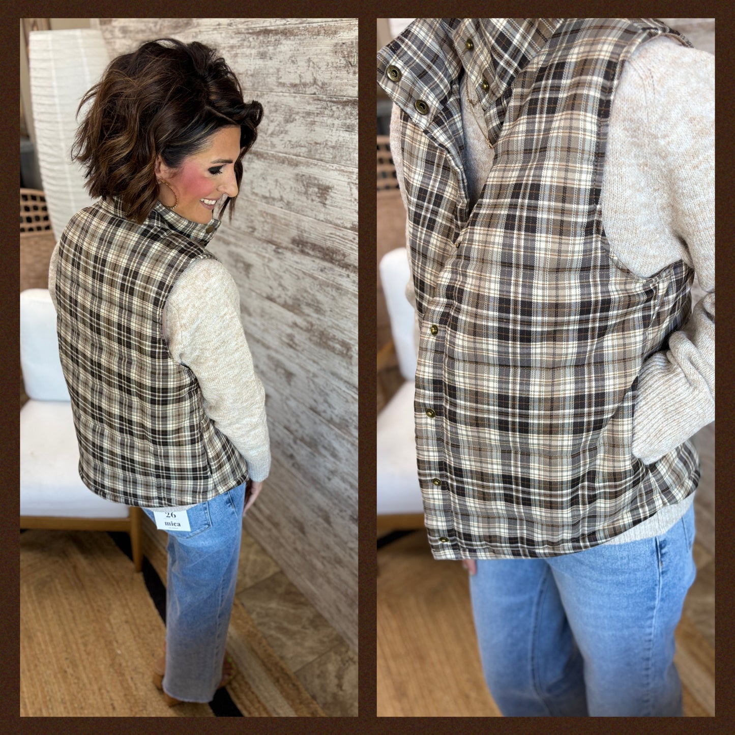 Brown Plaid Puff Vest