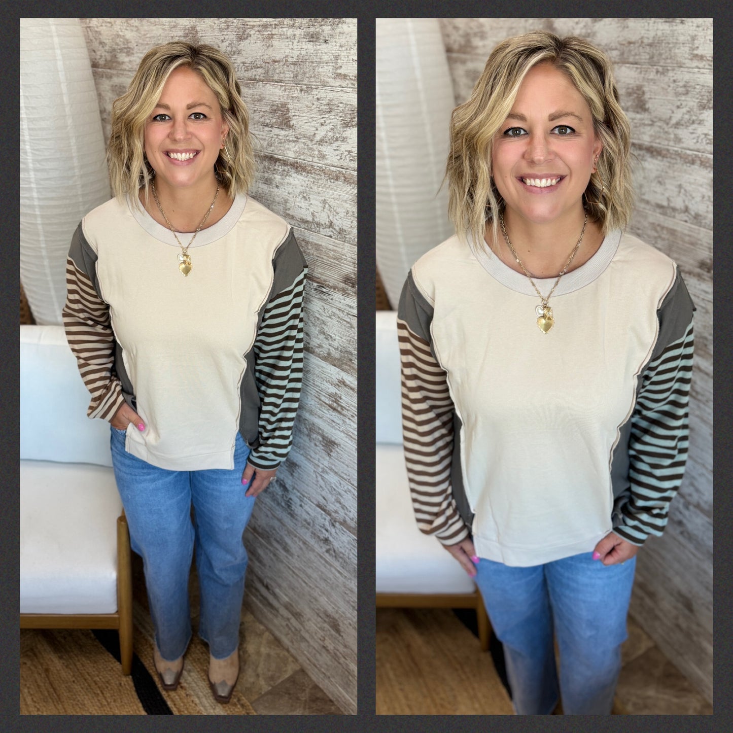 Ecru/Olive Mix Stripe Dolman Sleeve Top