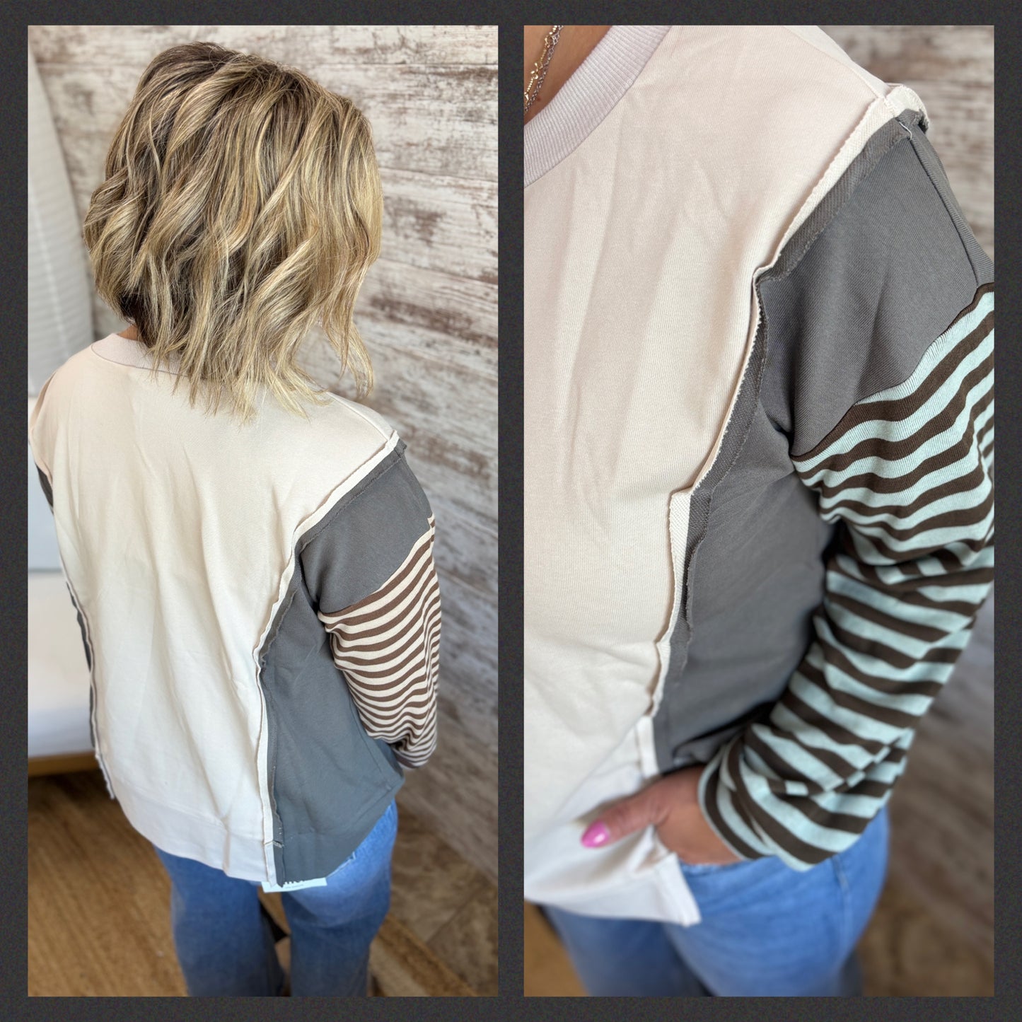 Ecru/Olive Mix Stripe Dolman Sleeve Top