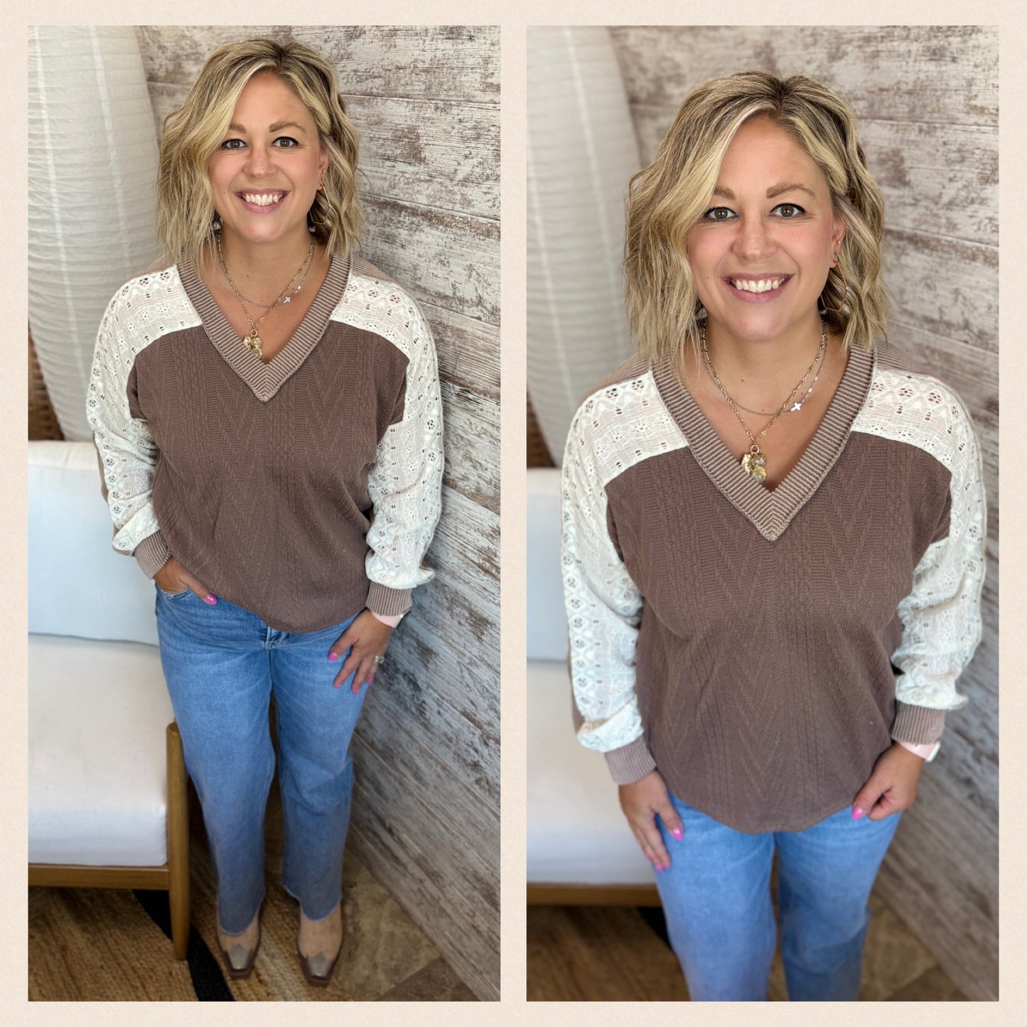 Cable Knit/Lace V Neck Top ~ 4 Colors