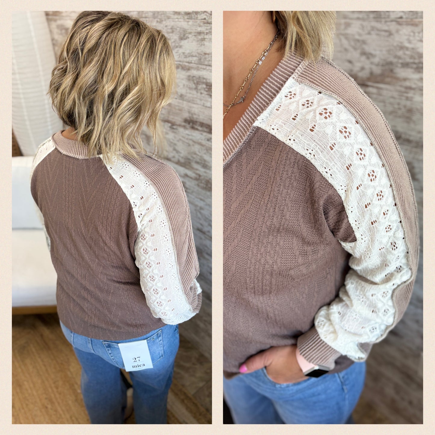 Cable Knit/Lace V Neck Top ~ 4 Colors