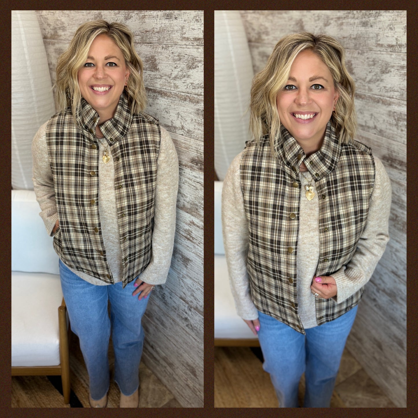 Brown Plaid Puff Vest