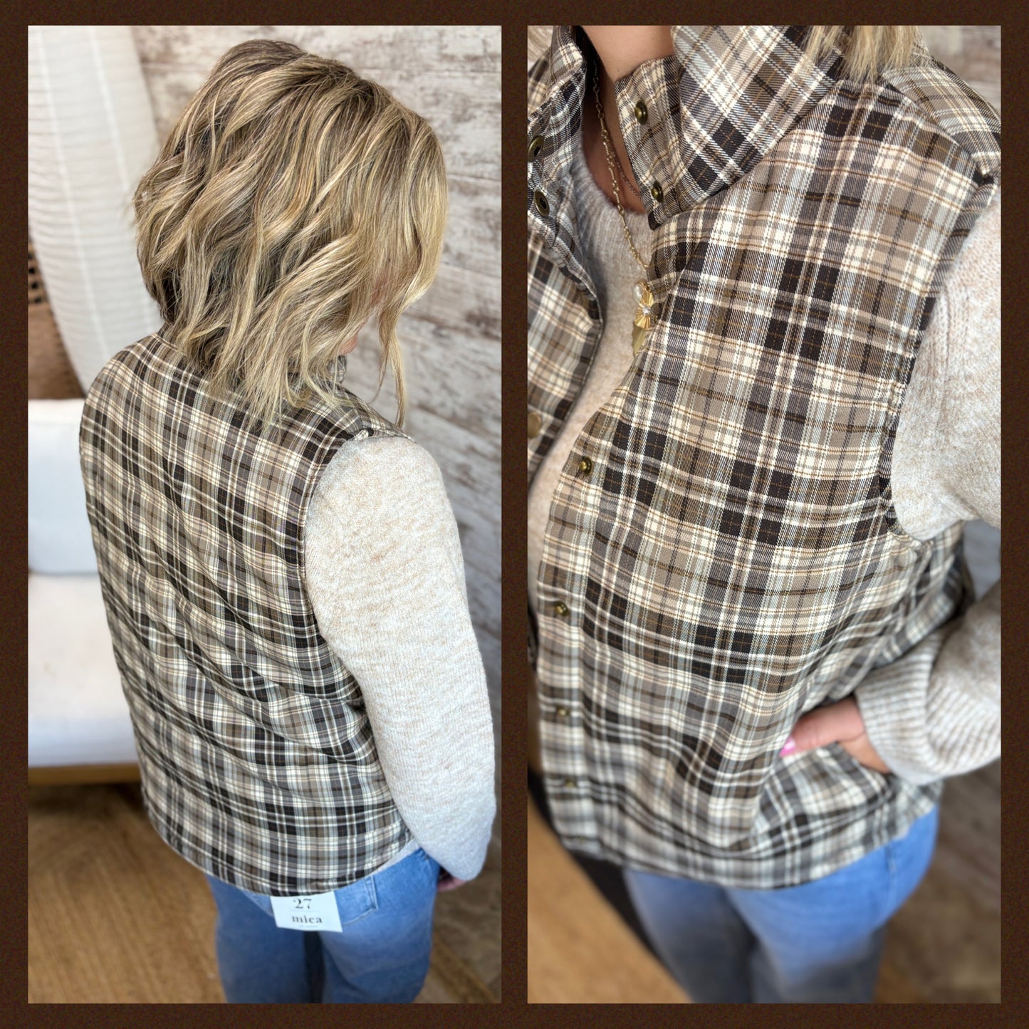 Brown Plaid Puff Vest