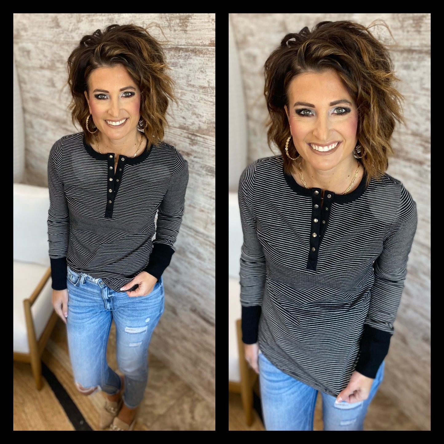 BLACK HENLEY SNAP TOP WITH CONTRAST